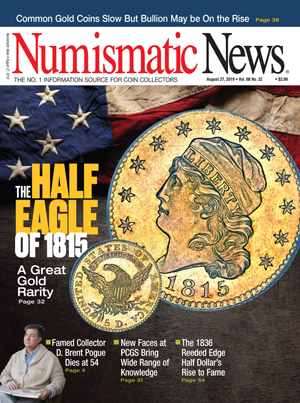 Numismatic News magazine cover shot of a Half Eagle coin from 1815.